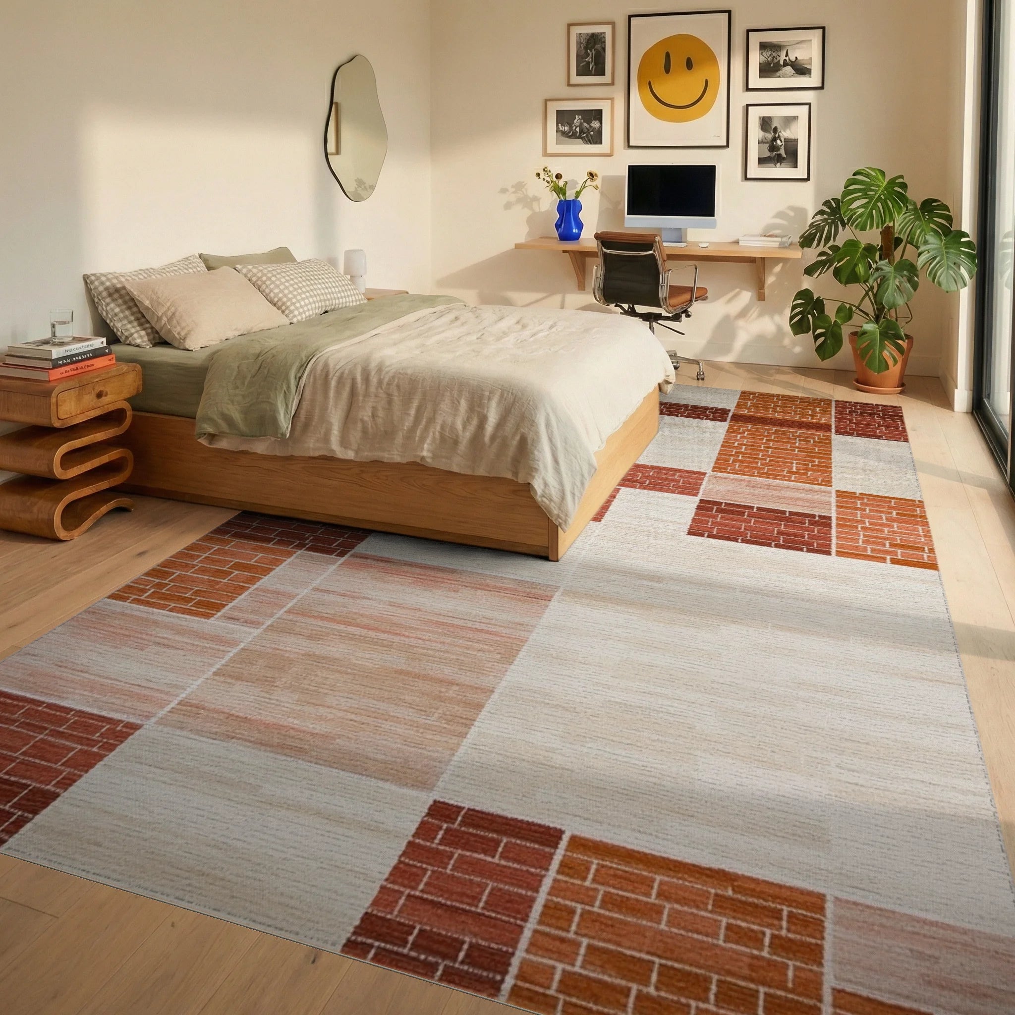 Earth Tone Geometric Brick Patchwork Rug Bedroom View