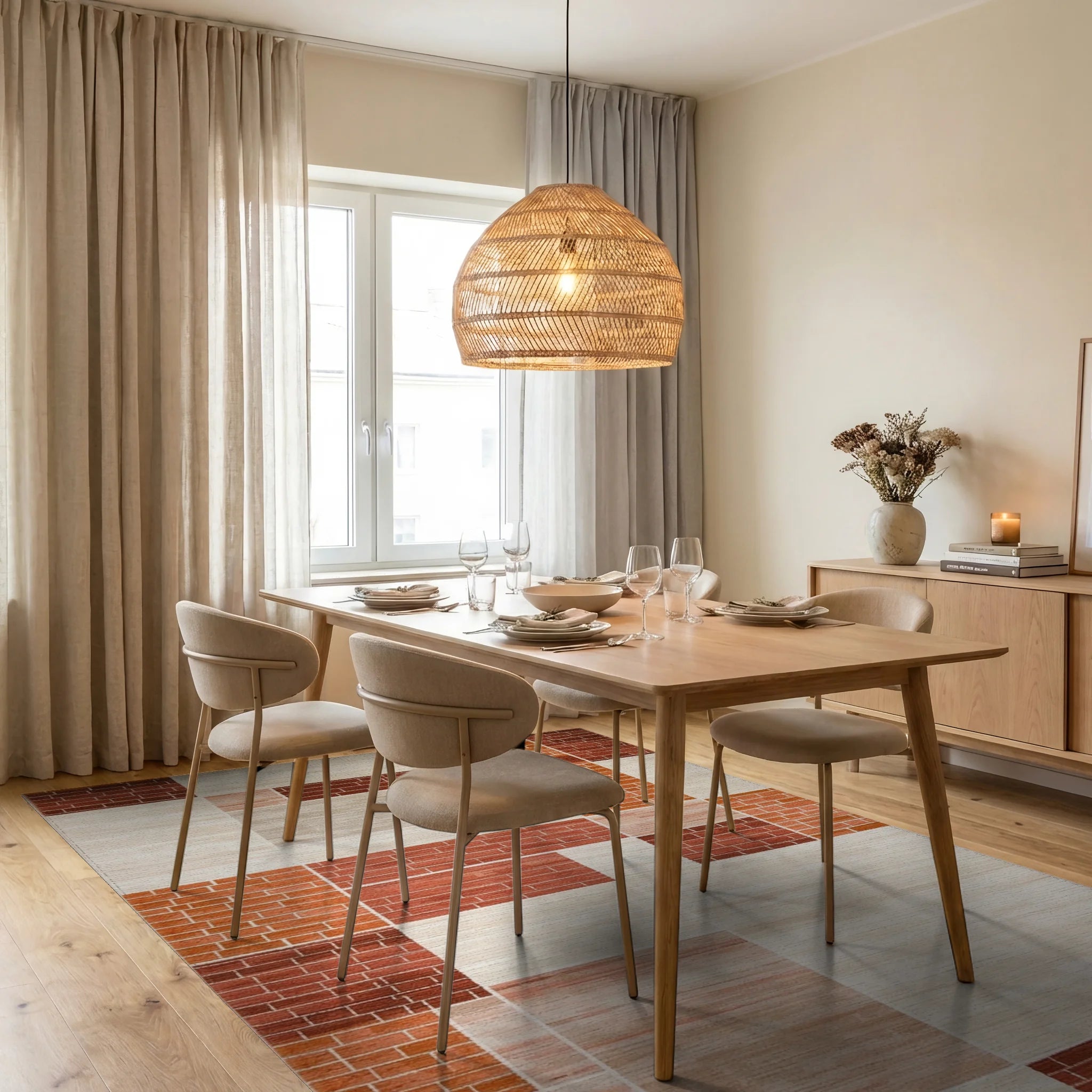 Earth Tone Geometric Brick Patchwork Rug Dining Room View