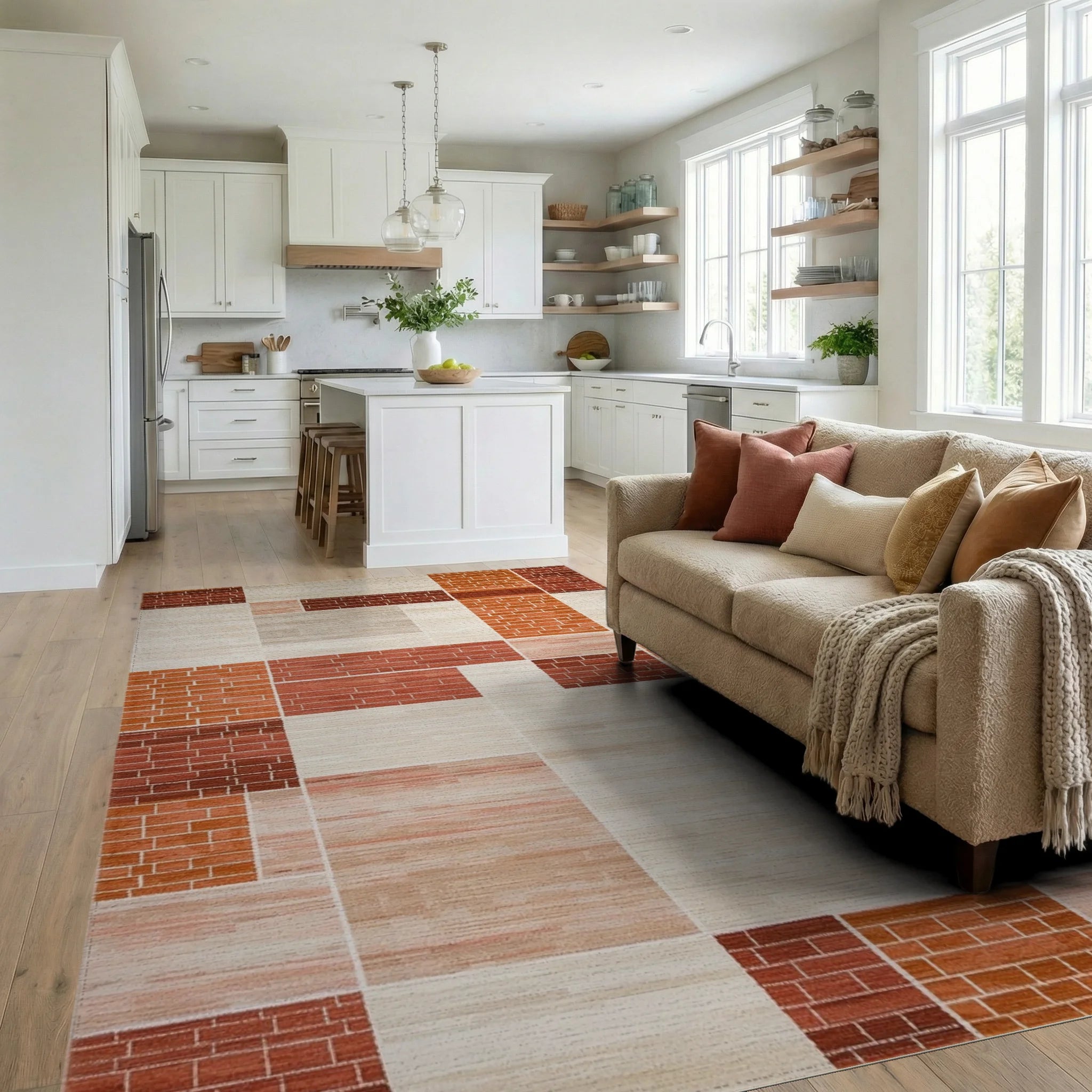 Earth Tone Geometric Brick Patchwork Rug Living Room View