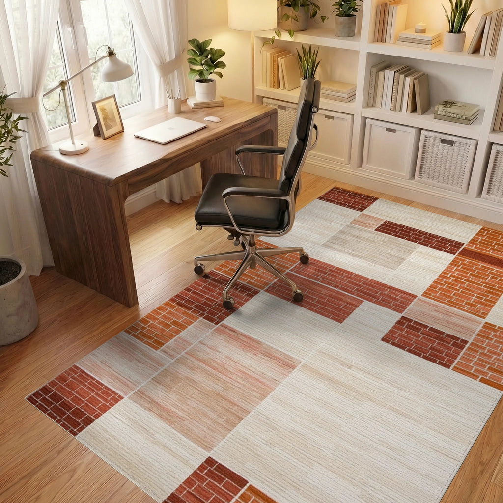 Earth Tone Geometric Brick Patchwork Rug Office View