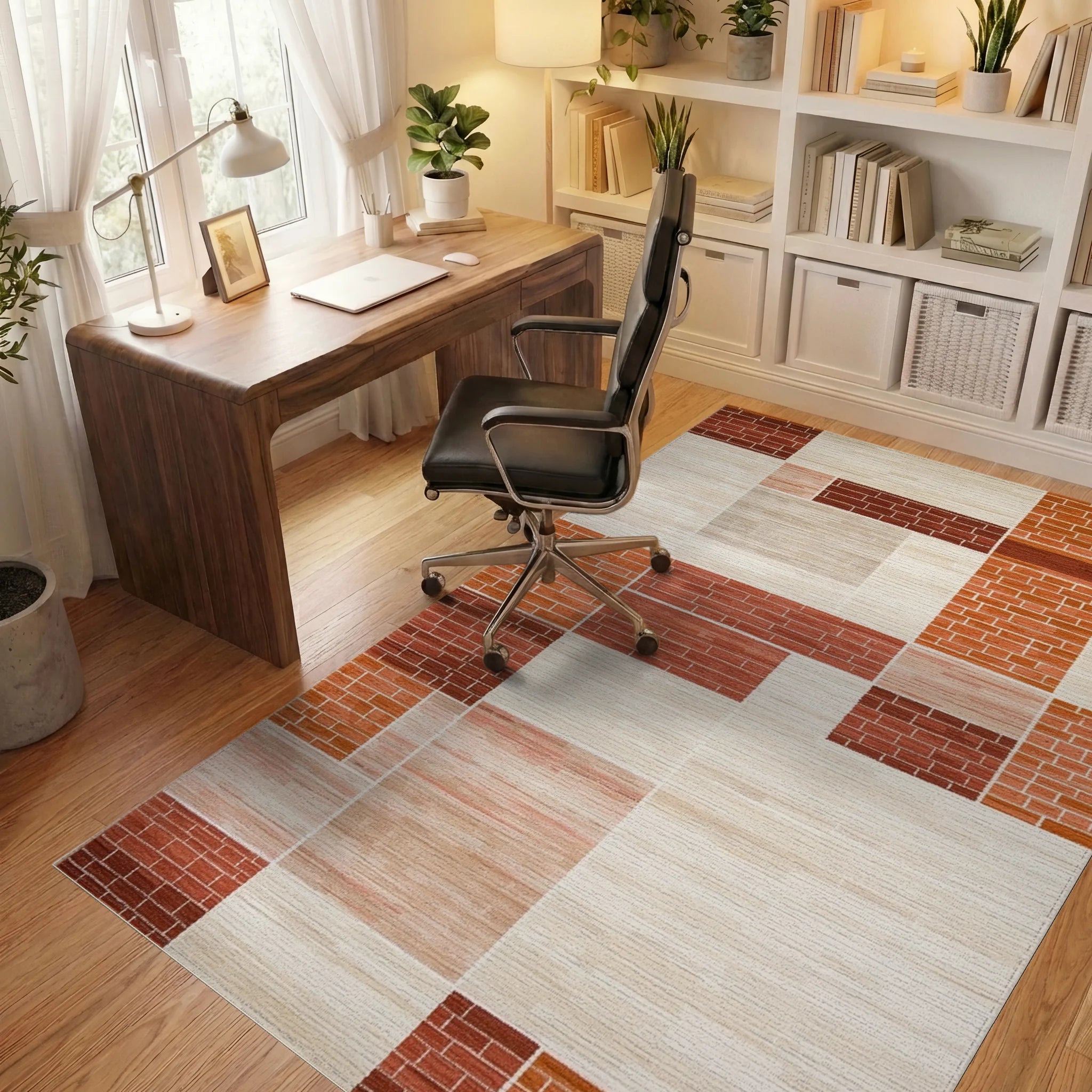Earth Tone Geometric Brick Patchwork Rug Office View