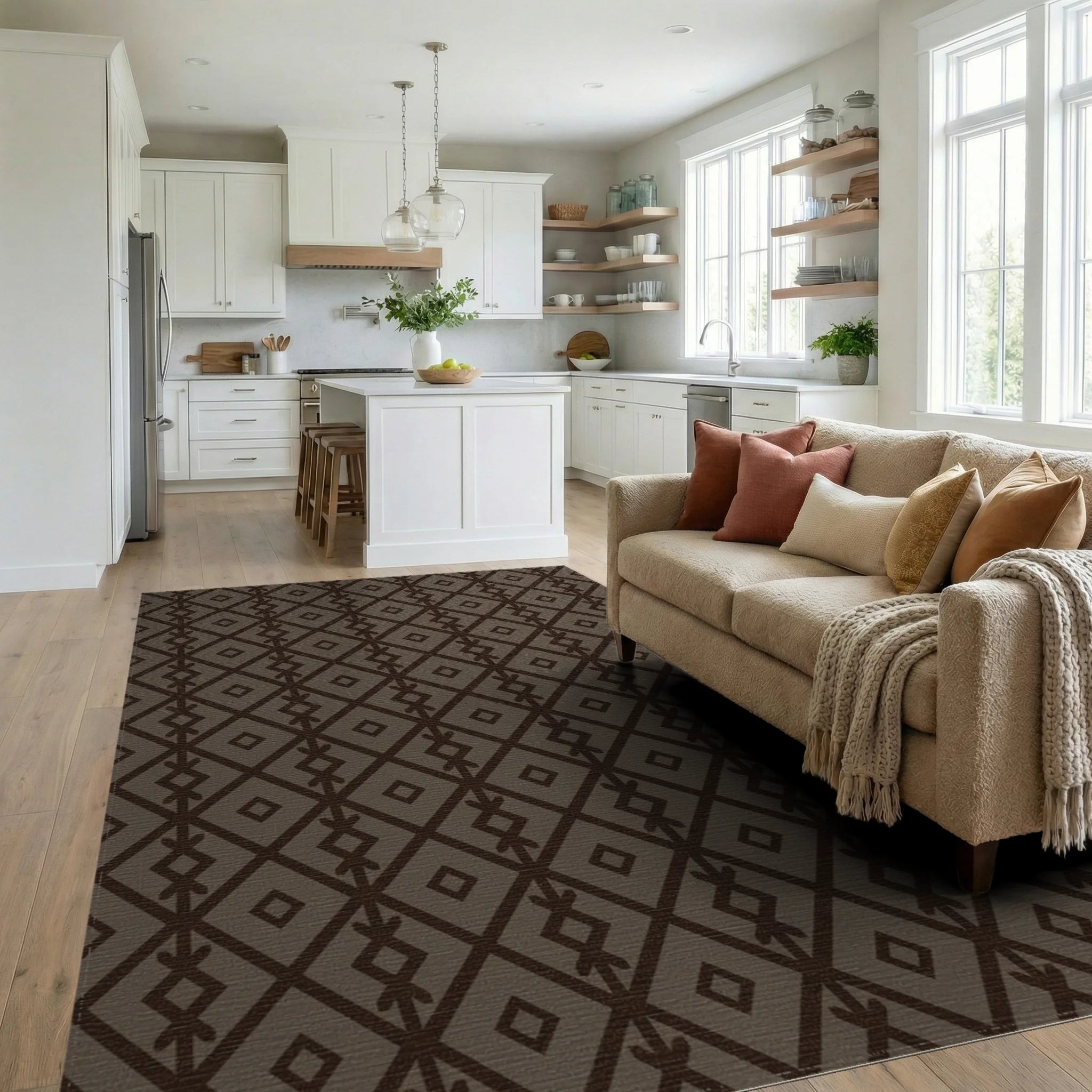 Earth Toned Geometric Diamond Rug Living Room View