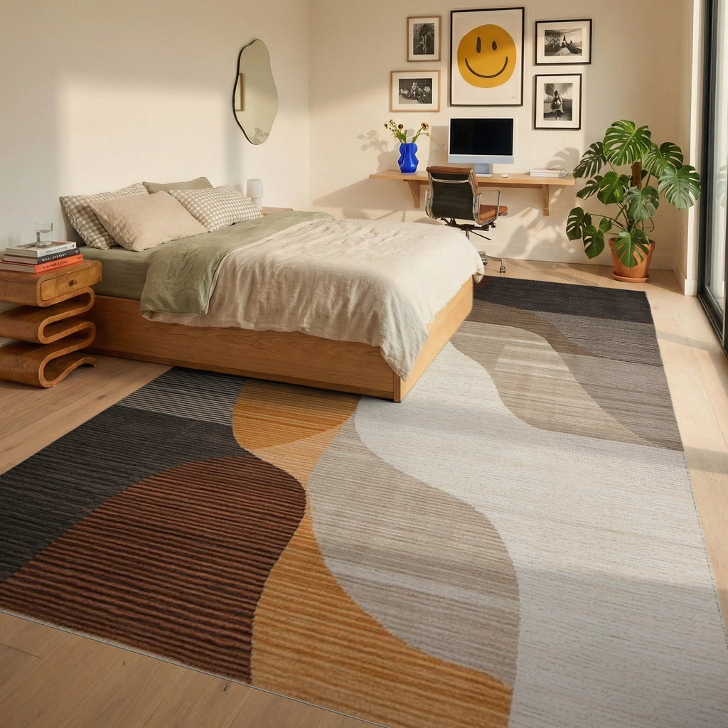 Earth Tones Abstract Wave Rug - Bedroom View