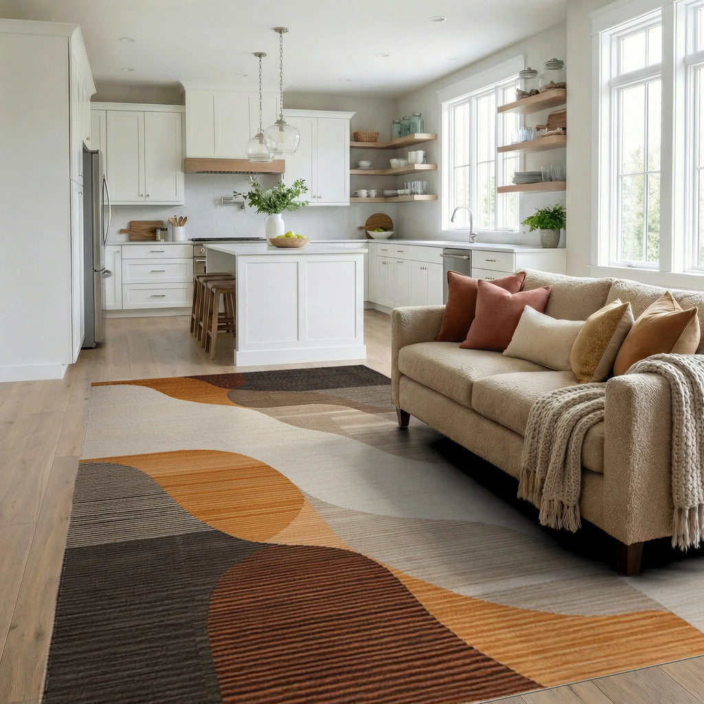 Earth Tones Abstract Wave Rug - Living Room View