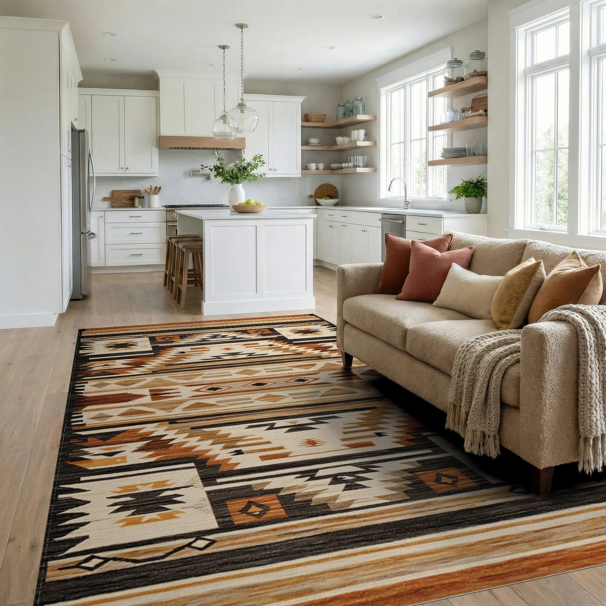 Earth Tones Geometric Southwestern Rug - Living Room View