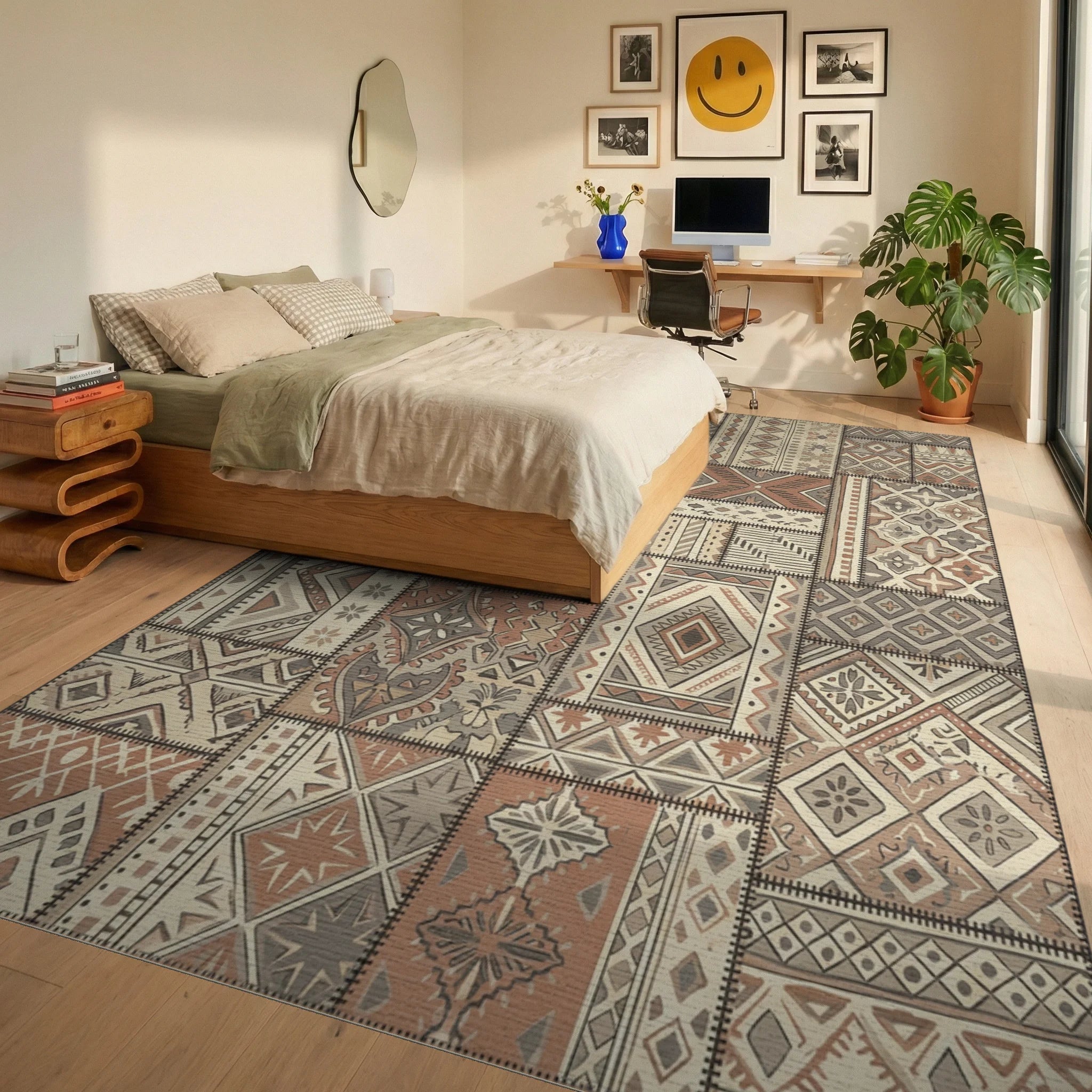 Earth Tones Patchwork Geometric Medallion Rug Bedroom View