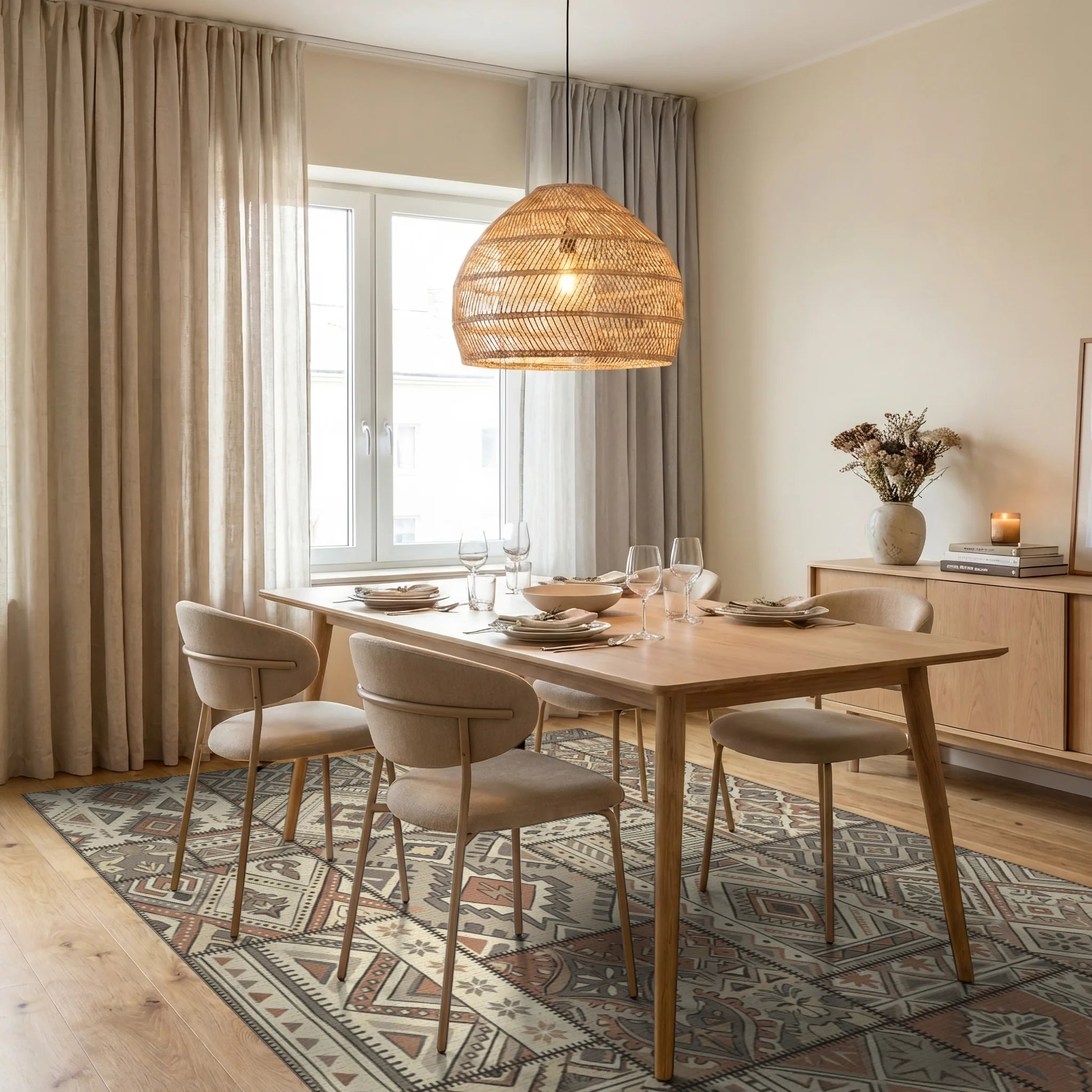 Earth Tones Patchwork Geometric Medallion Rug Dining Room View