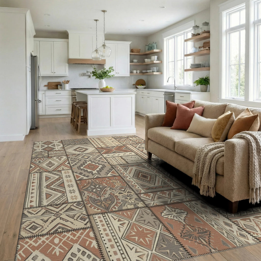 Earth Tones Patchwork Geometric Medallion Rug Living Room View