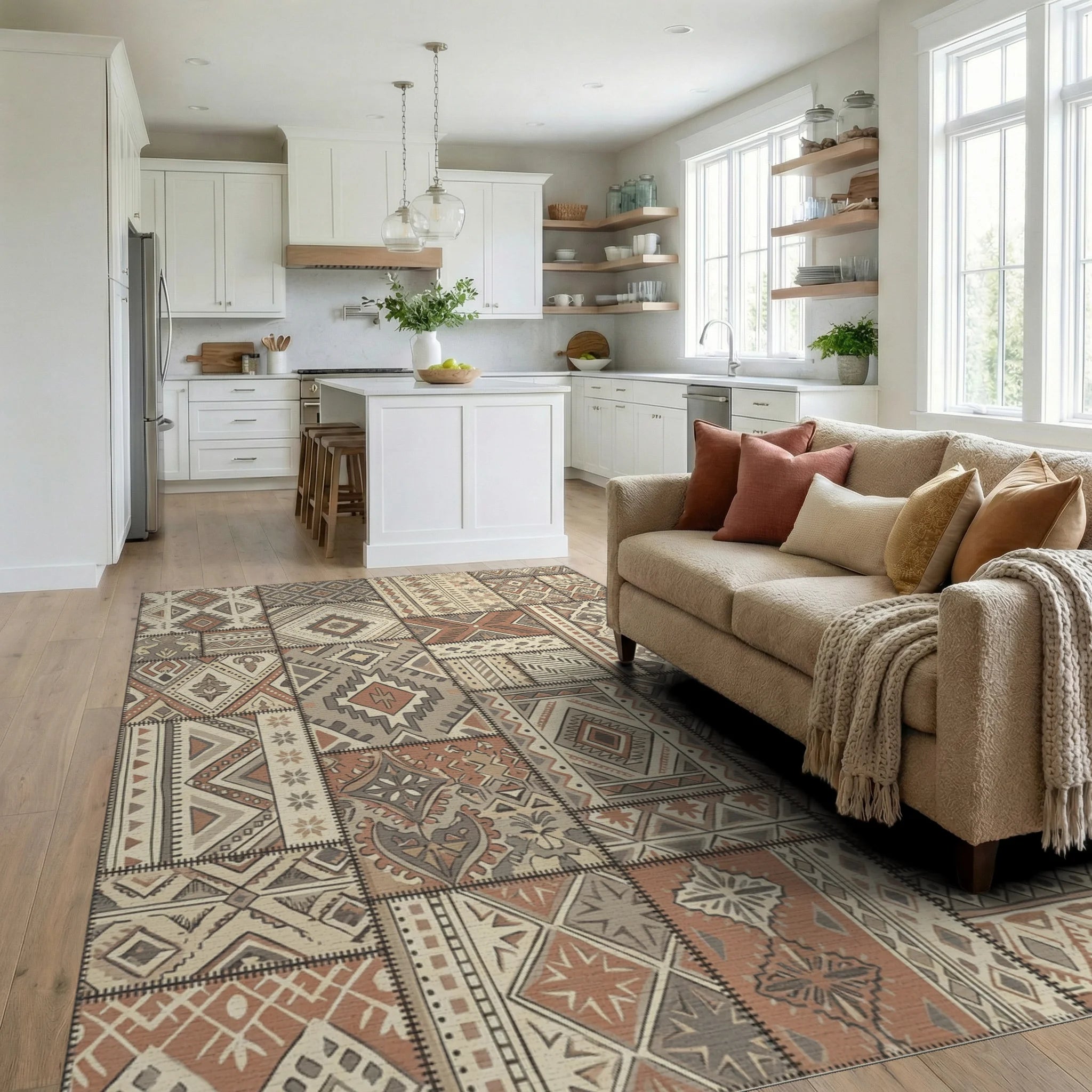 Earth Tones Patchwork Geometric Medallion Rug Living Room View
