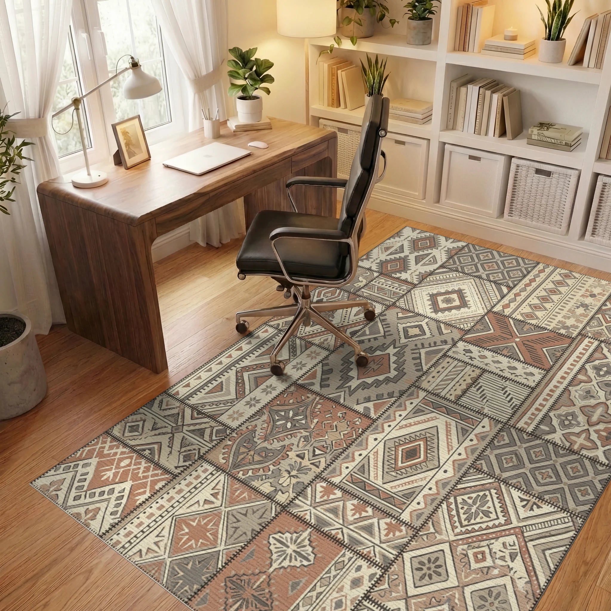 Earth Tones Patchwork Geometric Medallion Rug Office View