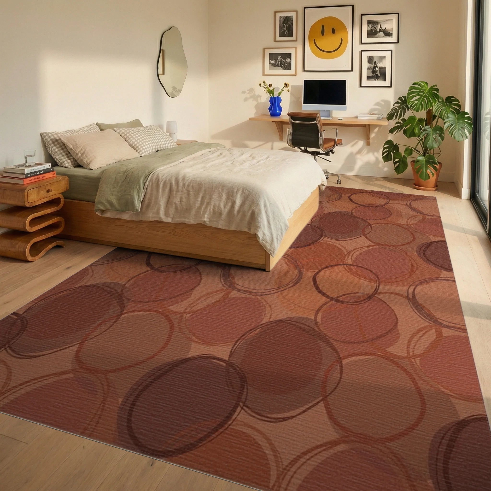Earthy Abstract Circles Rug Bedroom View