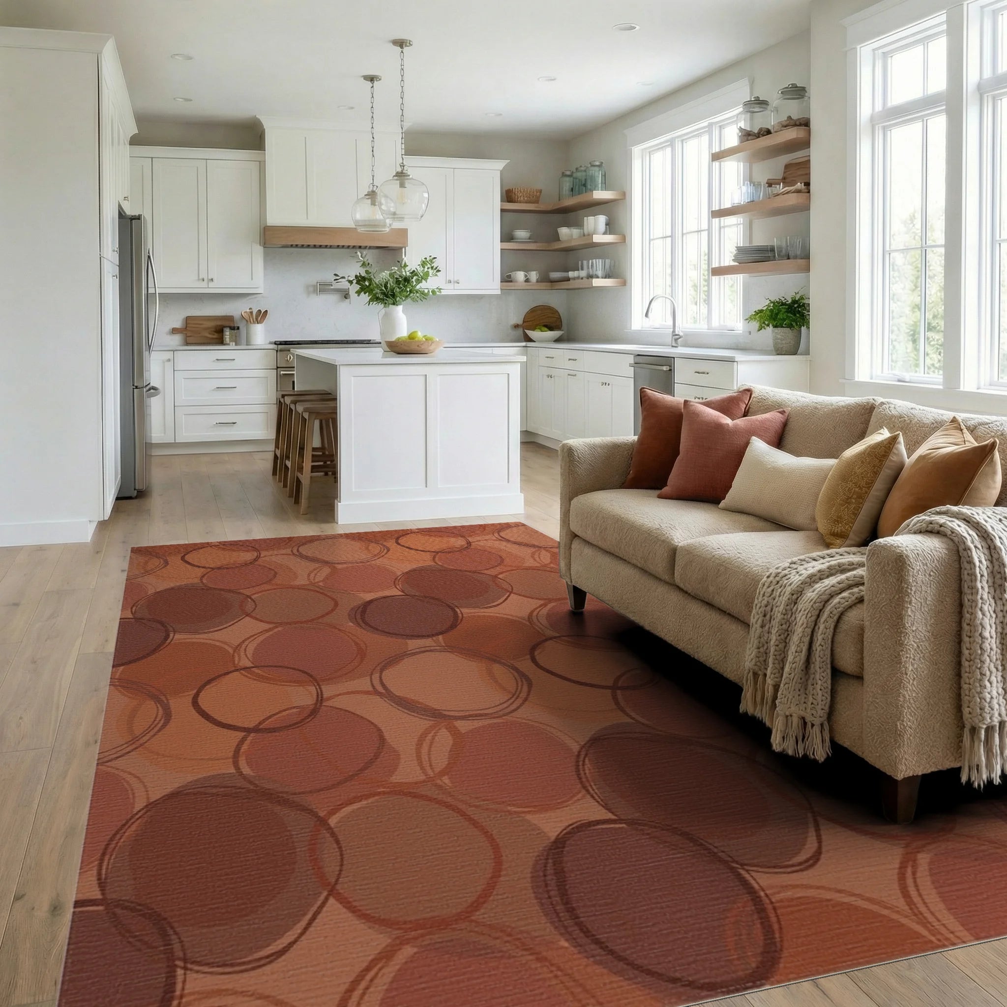 Earthy Abstract Circles Rug Living Room View