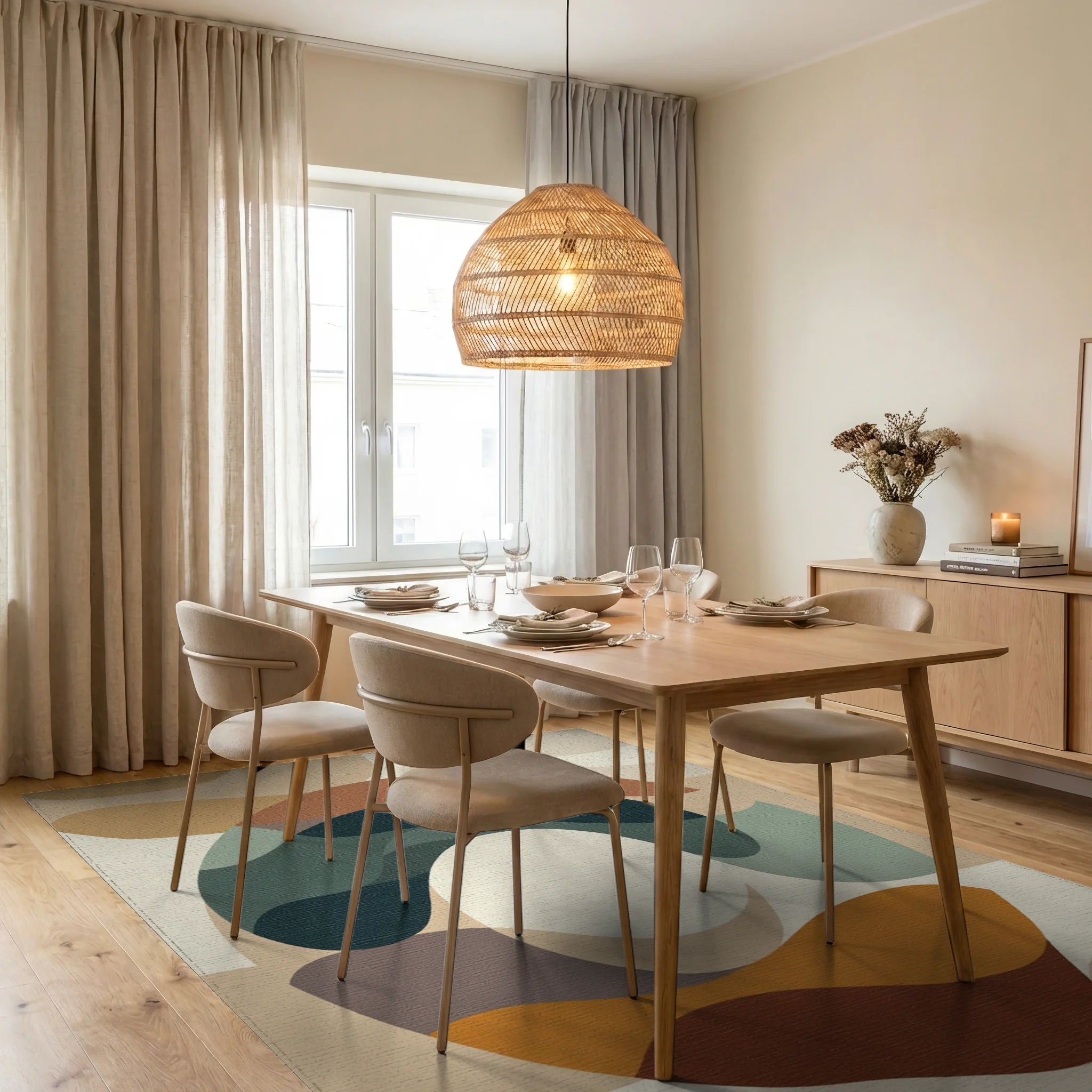 Earthy Abstract Organic Waves Rug Dining Room View
