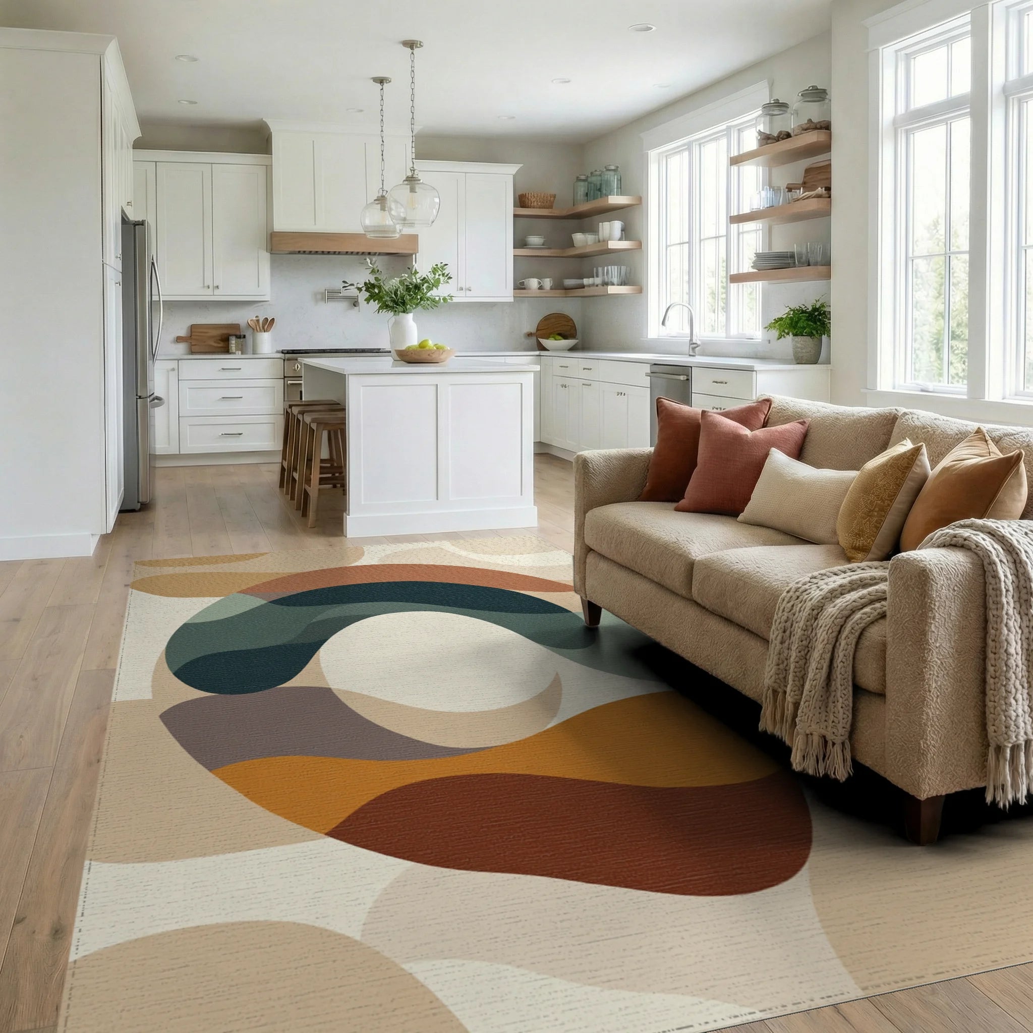 Earthy Abstract Organic Waves Rug Living Room View