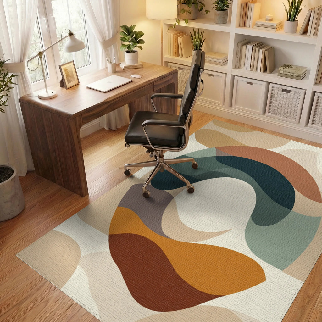 Earthy Abstract Organic Waves Rug Office View