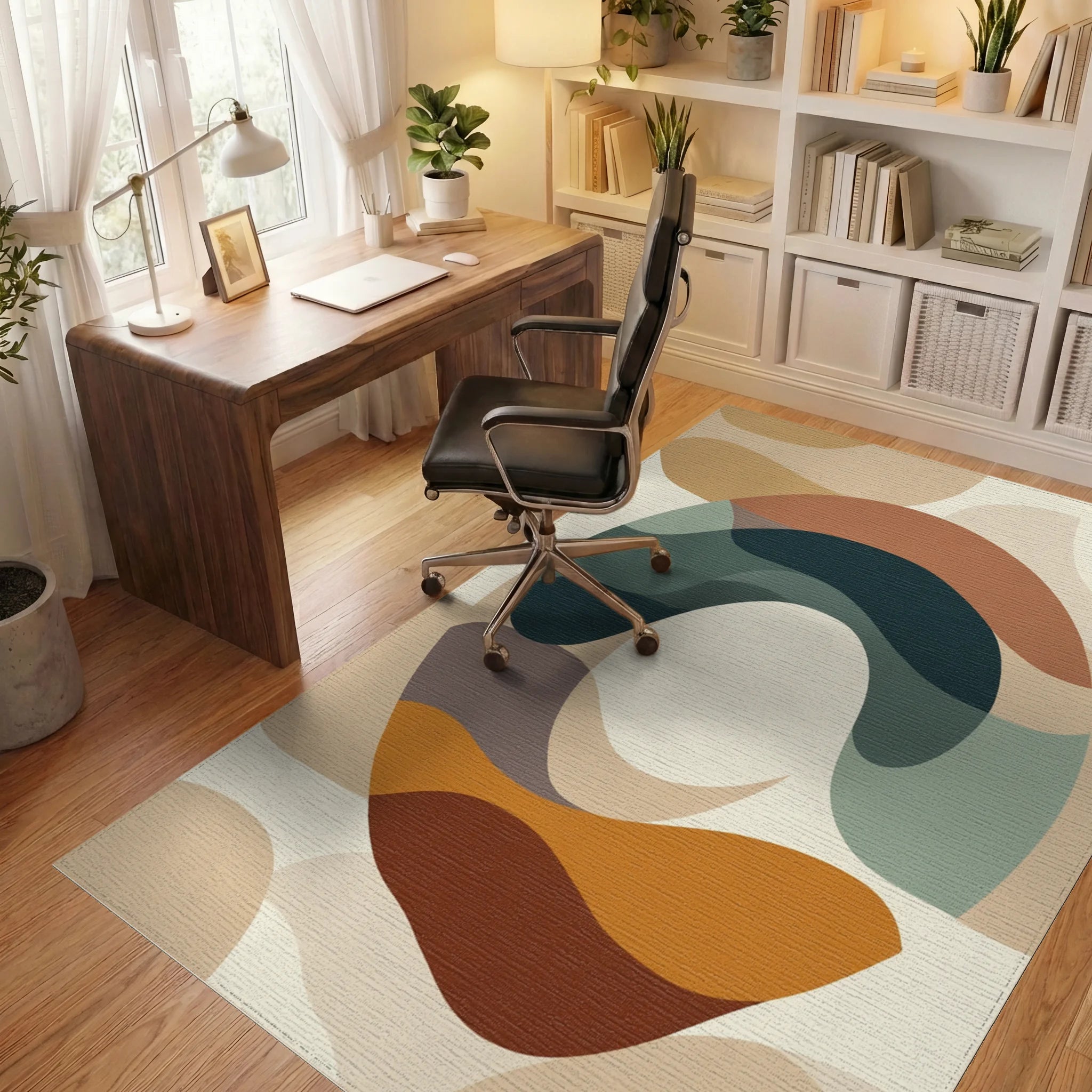 Earthy Abstract Organic Waves Rug Office View