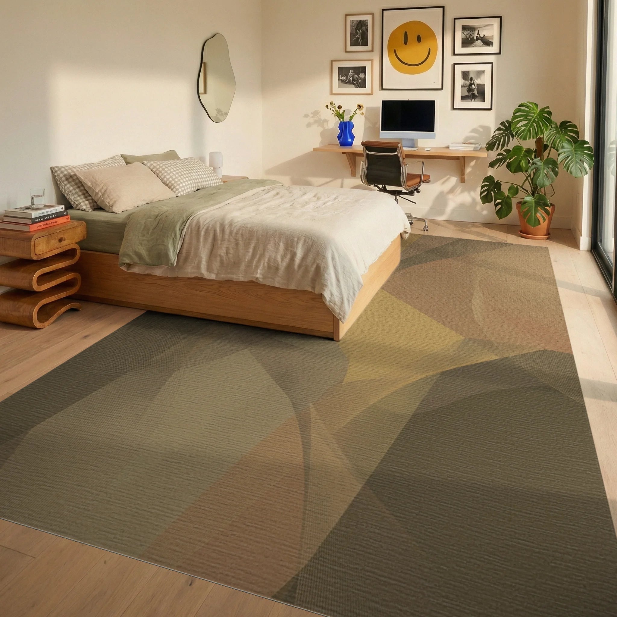 Earthy Abstract Swirl Layered Rug Bedroom View
