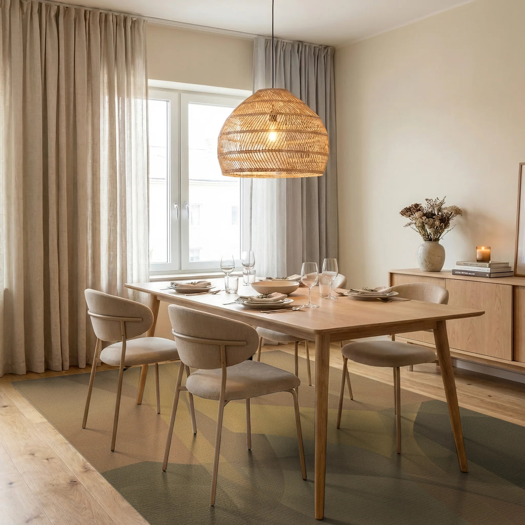 Earthy Abstract Swirl Layered Rug Dining Room View
