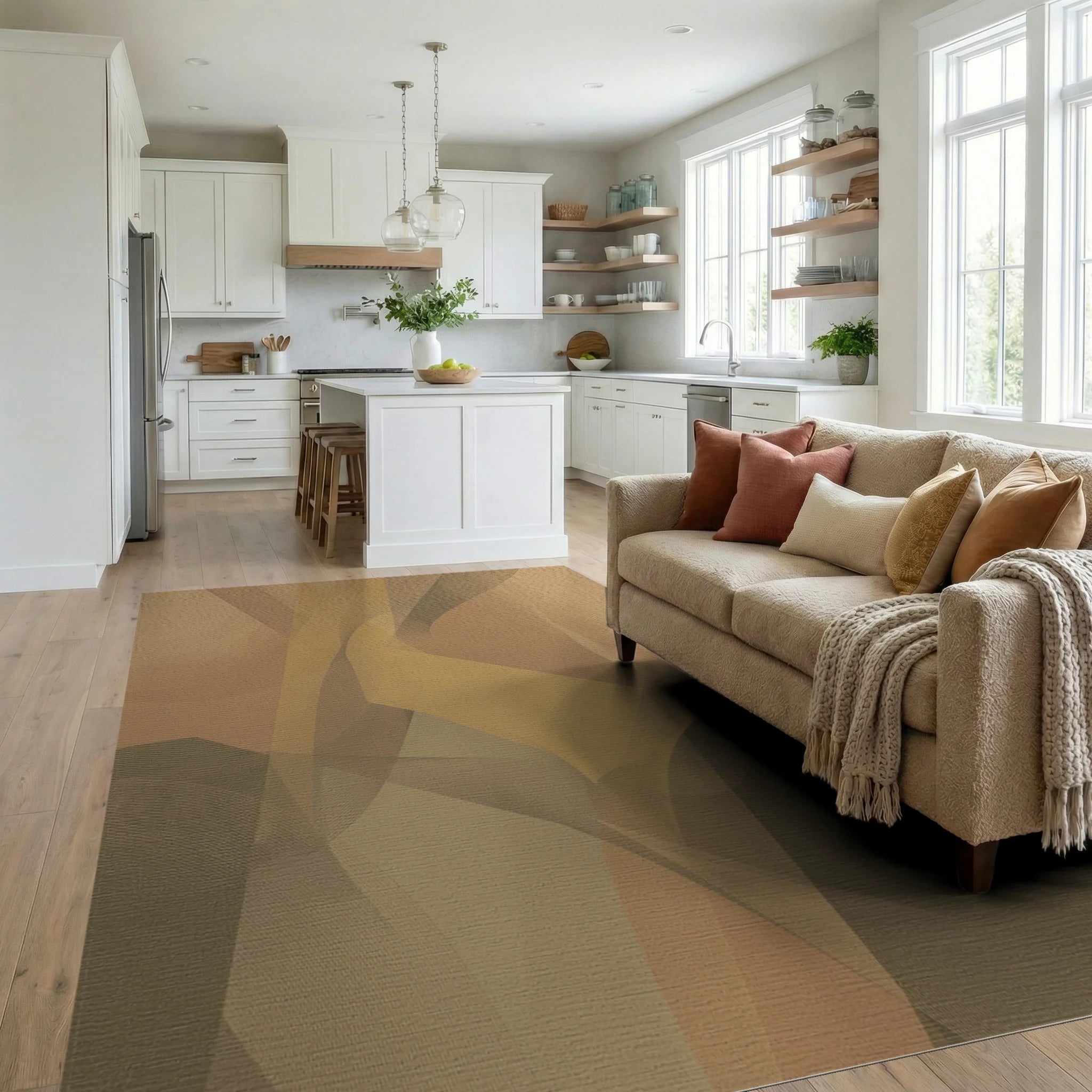Earthy Abstract Swirl Layered Rug Living Room View