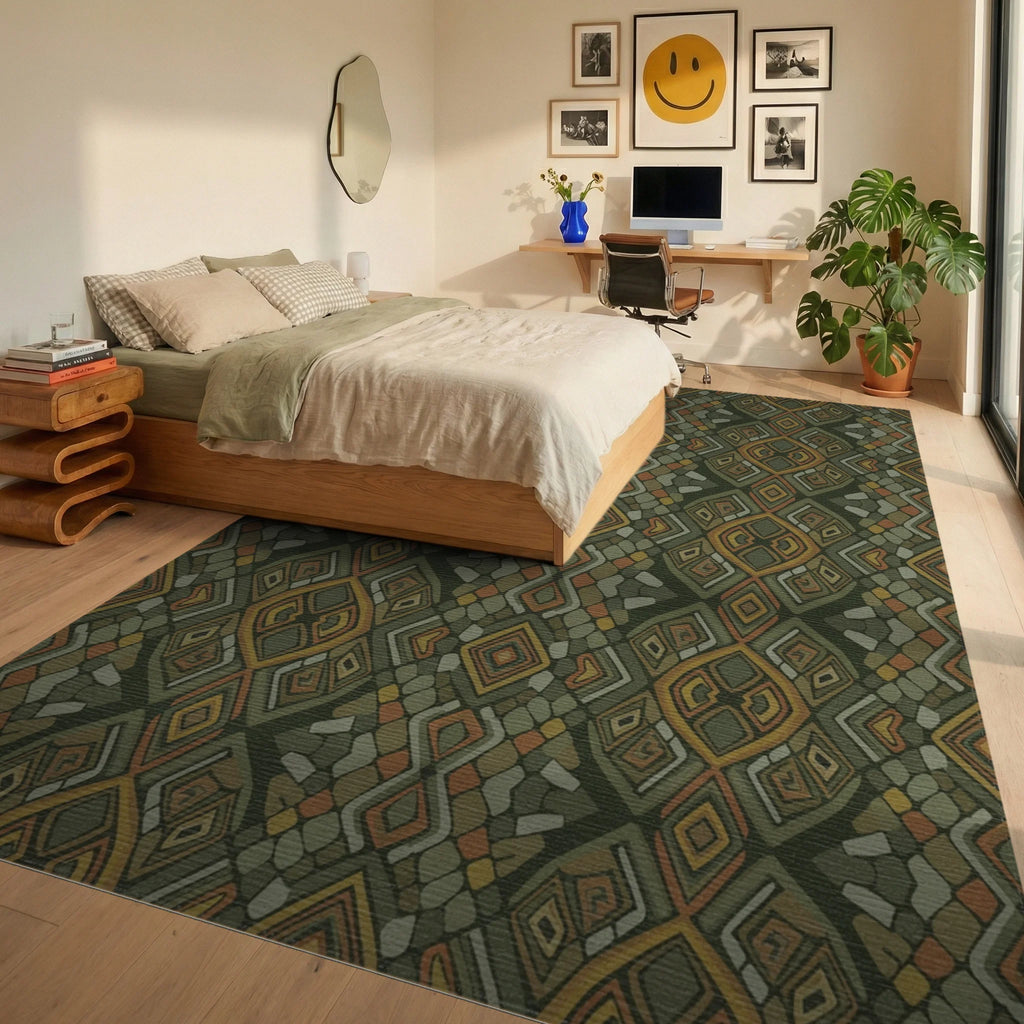 Earthy Abstract Tribal Diamond Rug Bedroom View