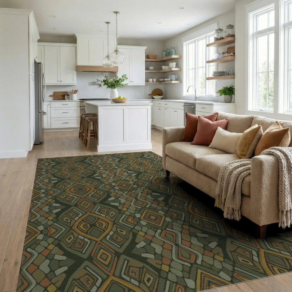 Earthy Abstract Tribal Diamond Rug Living Room View