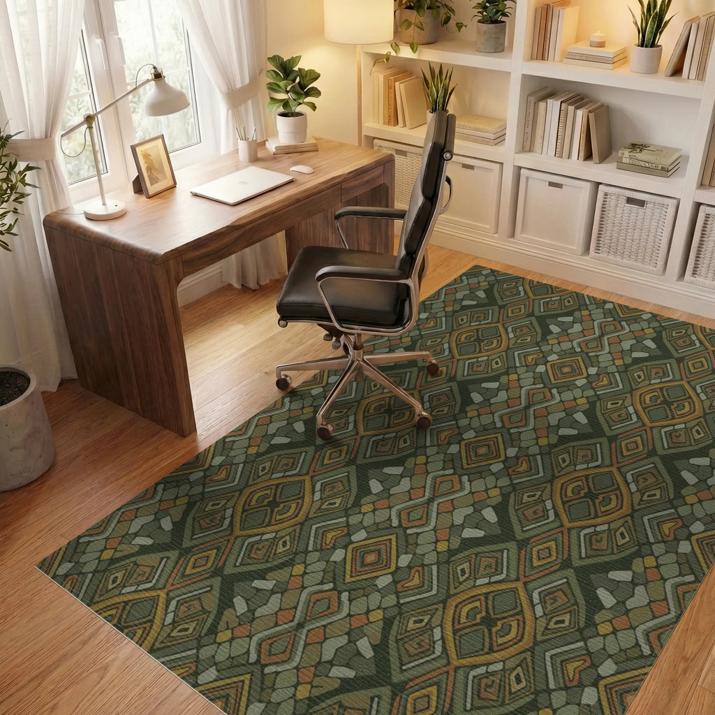 Earthy Abstract Tribal Diamond Rug Office View