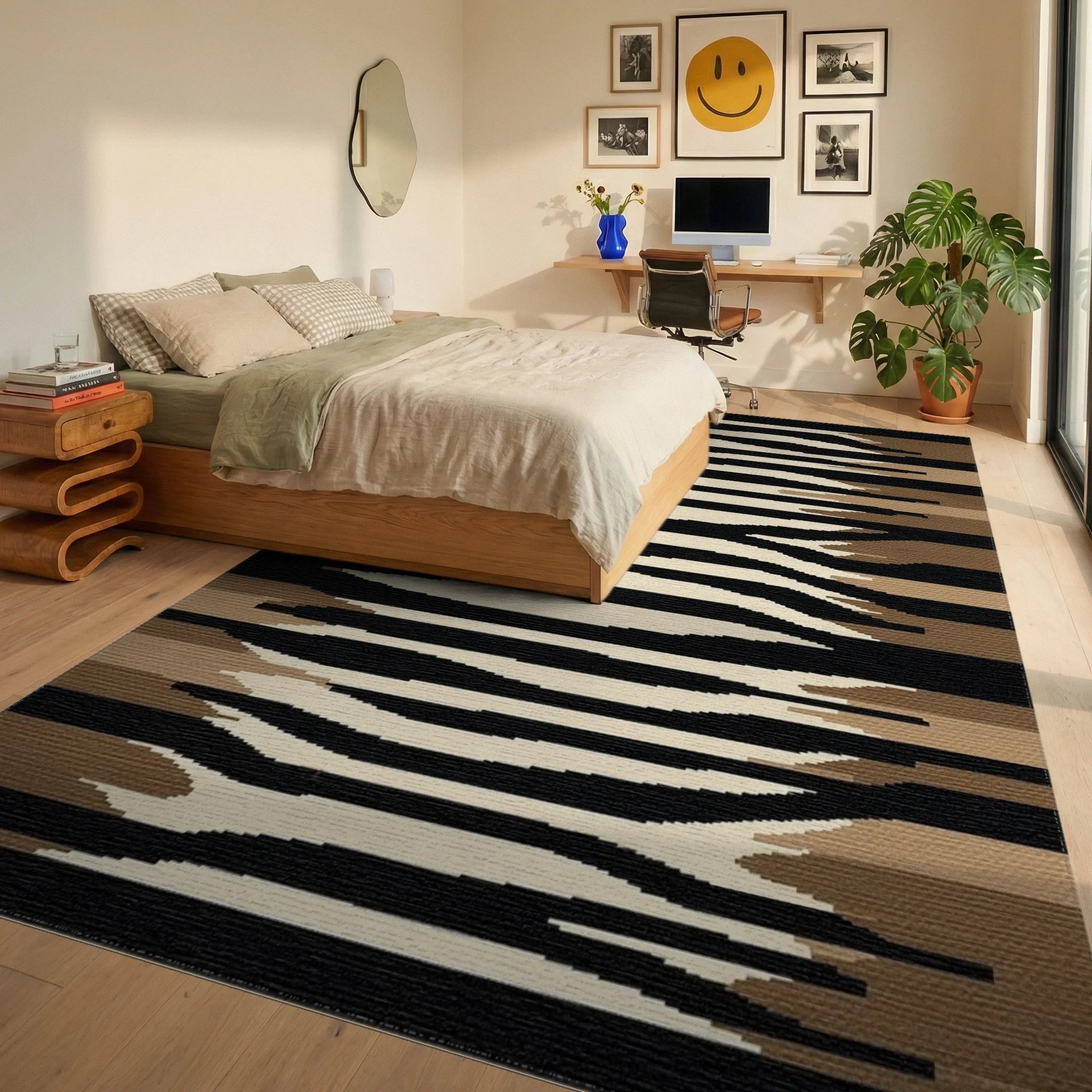Earthy Abstract Zebra Stripe Rug - Bedroom View