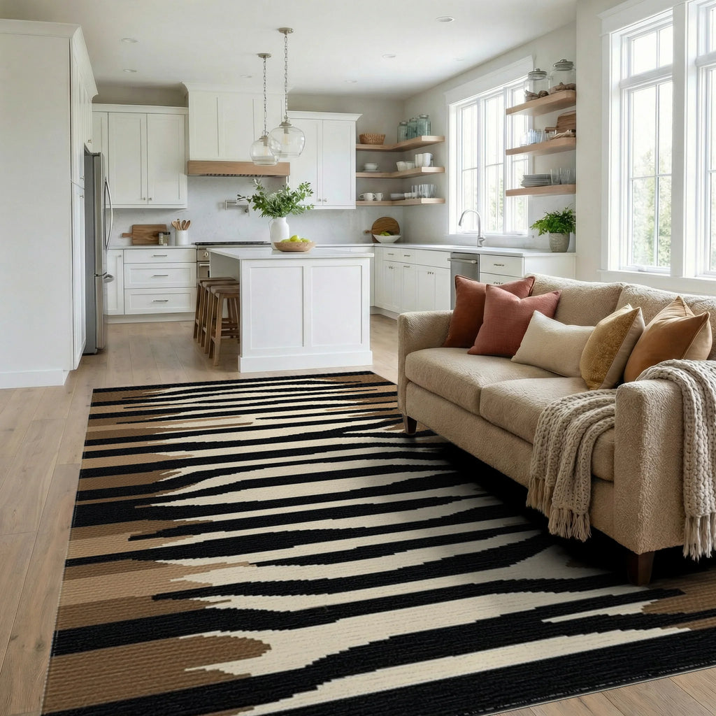 Earthy Abstract Zebra Stripe Rug - Living Room View