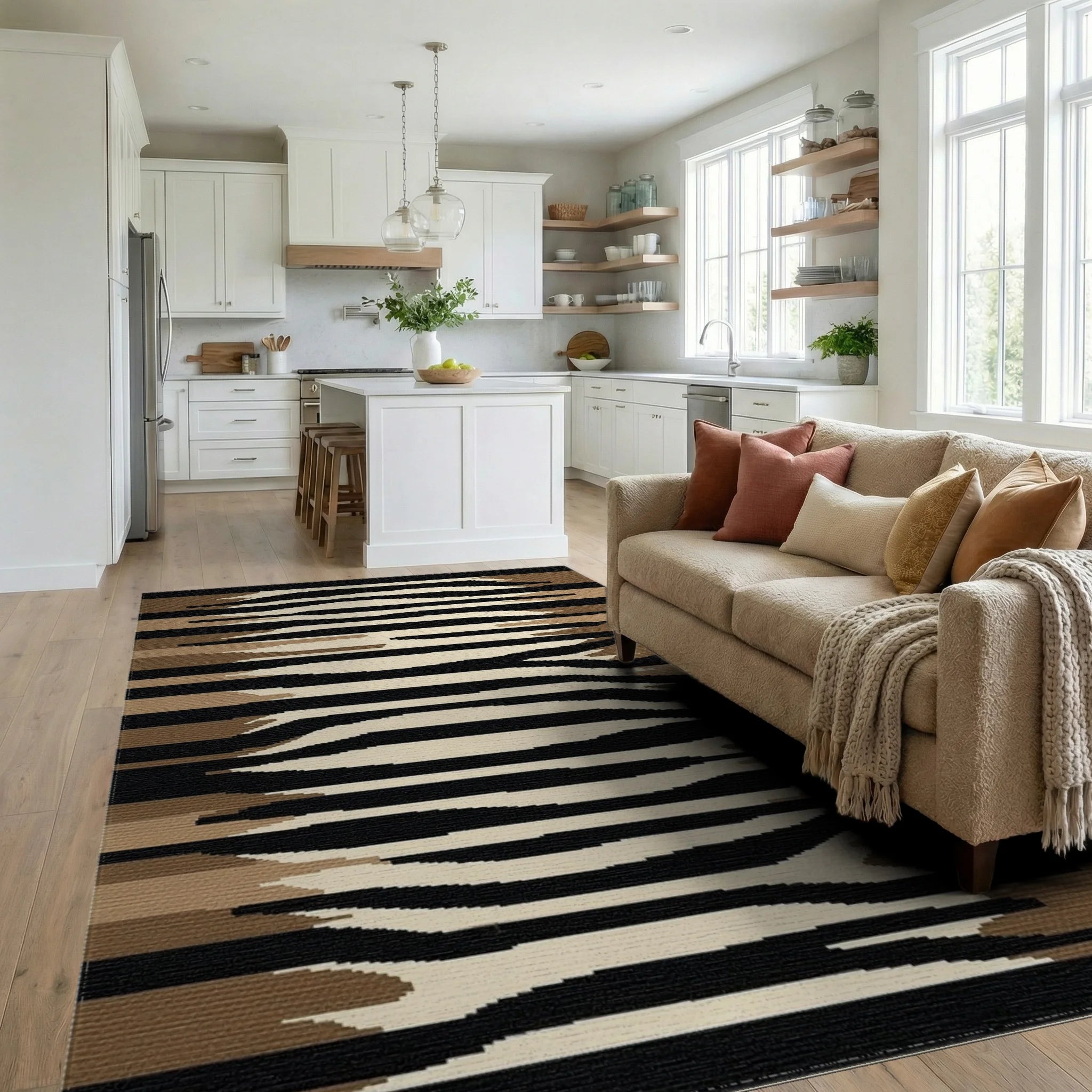Earthy Abstract Zebra Stripe Rug - Living Room View