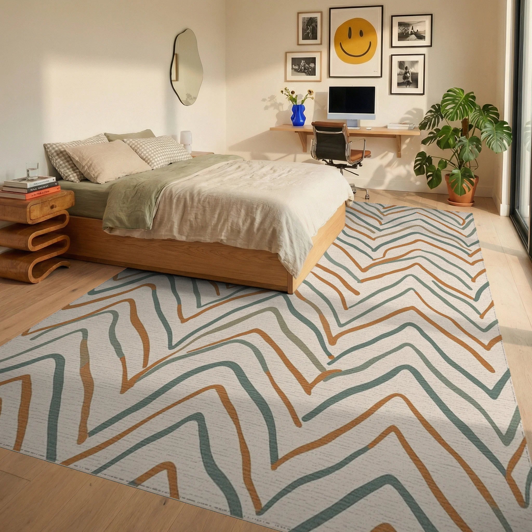 Earthy Abstract Zigzag Lines Rug Bedroom View