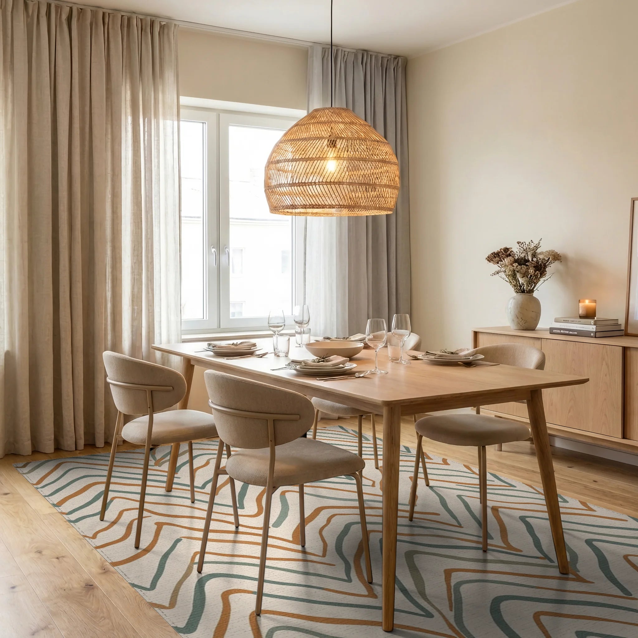 Earthy Abstract Zigzag Lines Rug Dining Room View
