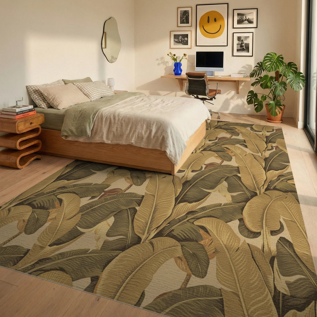 Earthy Banana Leaf Tropical Foliage Rug Bedroom View
