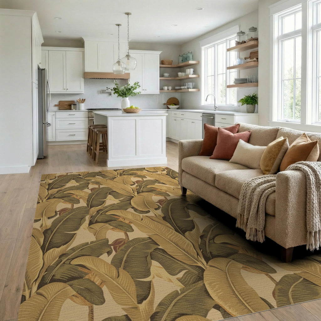 Earthy Banana Leaf Tropical Foliage Rug Living Room View