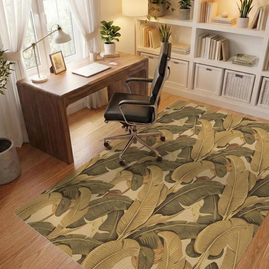 Earthy Banana Leaf Tropical Foliage Rug Office View