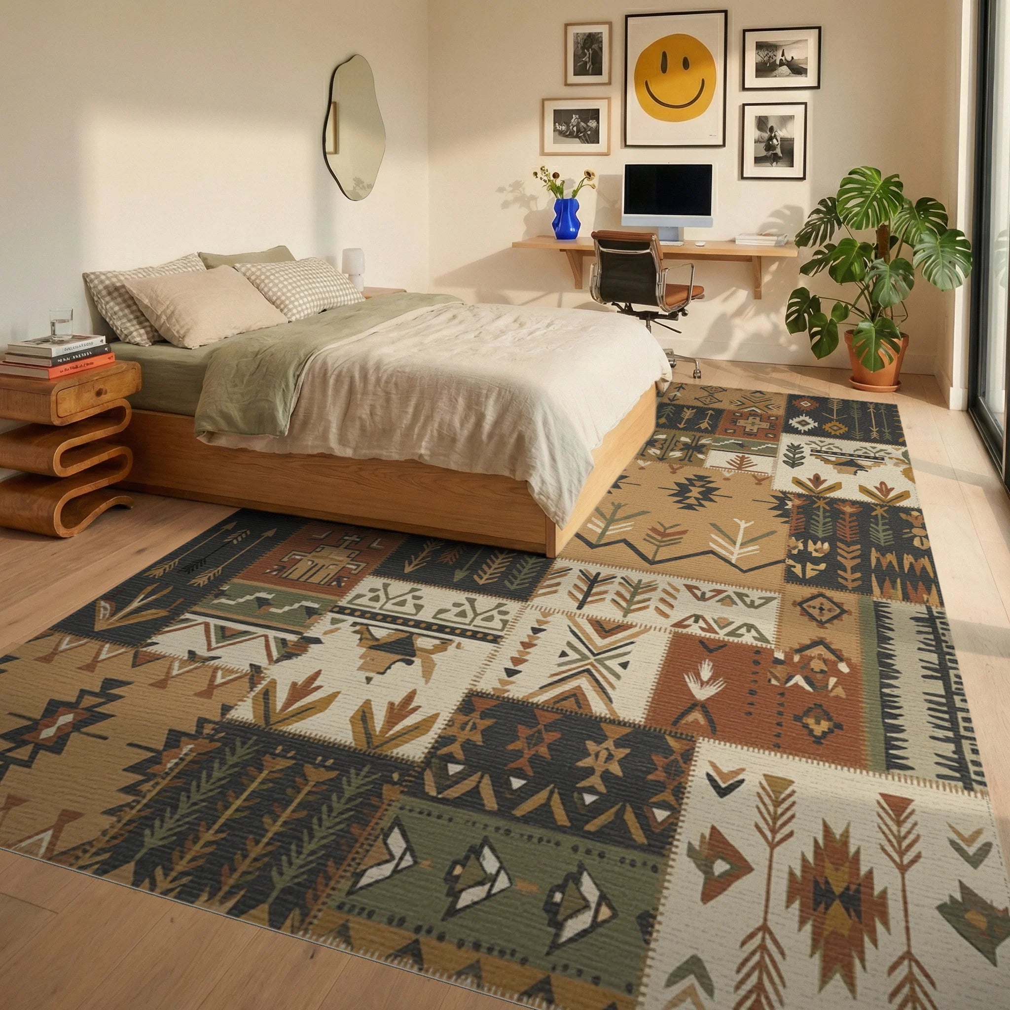 Earthy Boho Patchwork Arrow Medallion Rug Bedroom View