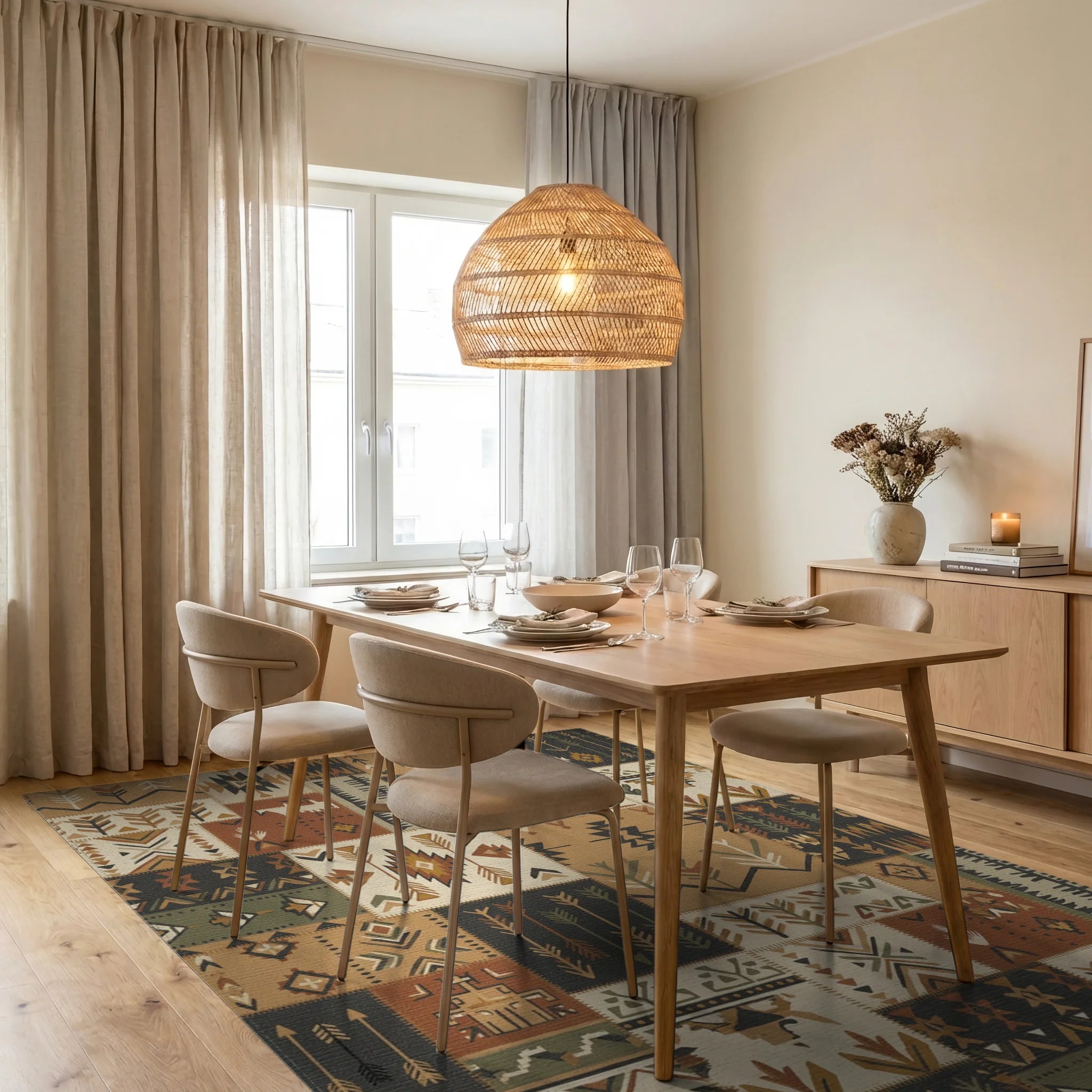 Earthy Boho Patchwork Arrow Medallion Rug Dining Room View