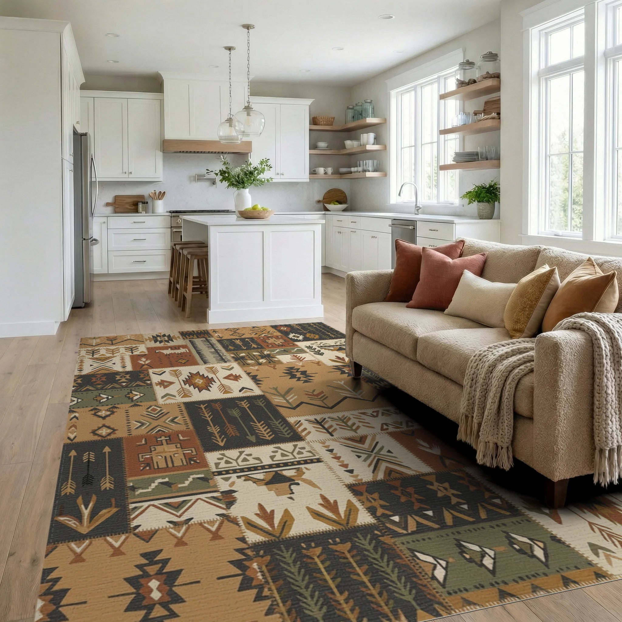 Earthy Boho Patchwork Arrow Medallion Rug Living Room View