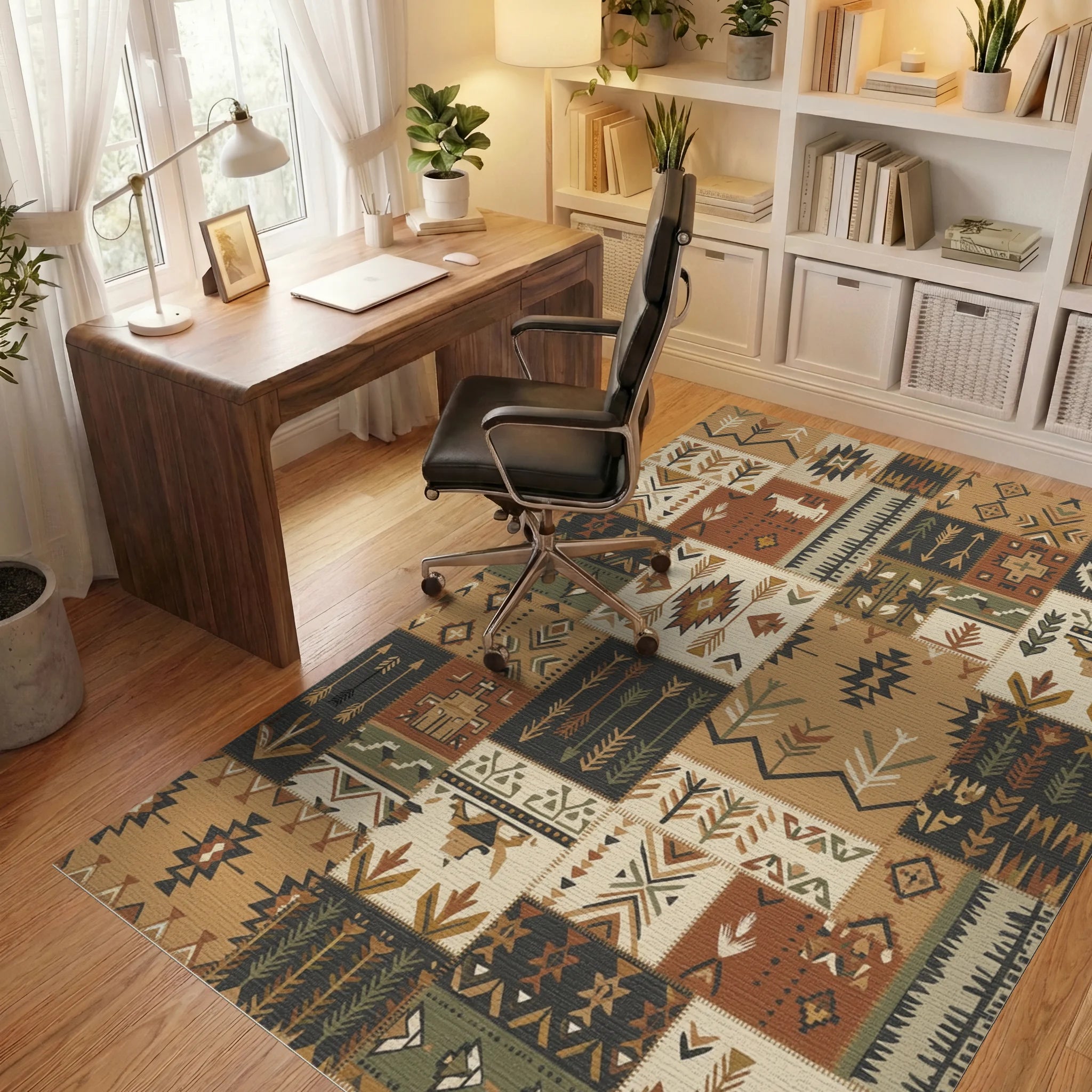 Earthy Boho Patchwork Arrow Medallion Rug Office View