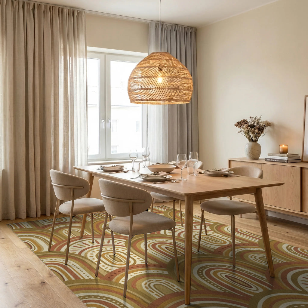 Earthy Boho Rainbow Arch Rug Dining Room View