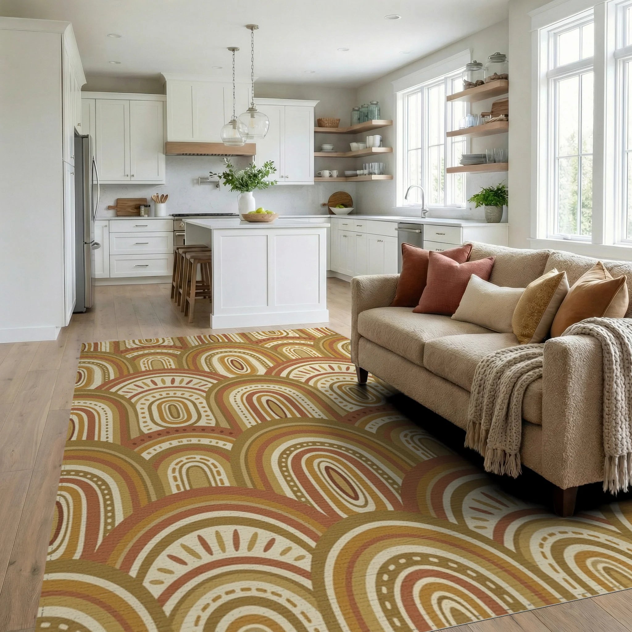 Earthy Boho Rainbow Arch Rug Living Room View
