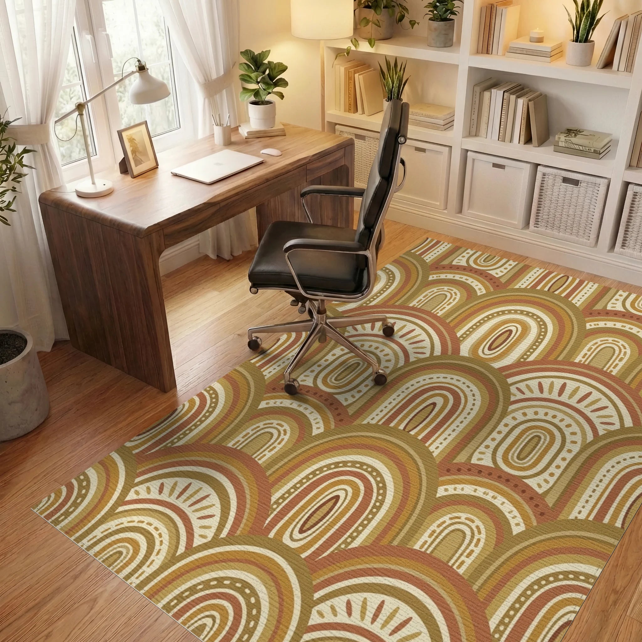 Earthy Boho Rainbow Arch Rug Office View