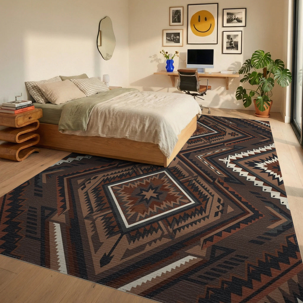 Earthy Brown Geometric Diamond Medallion Rug Bedroom View