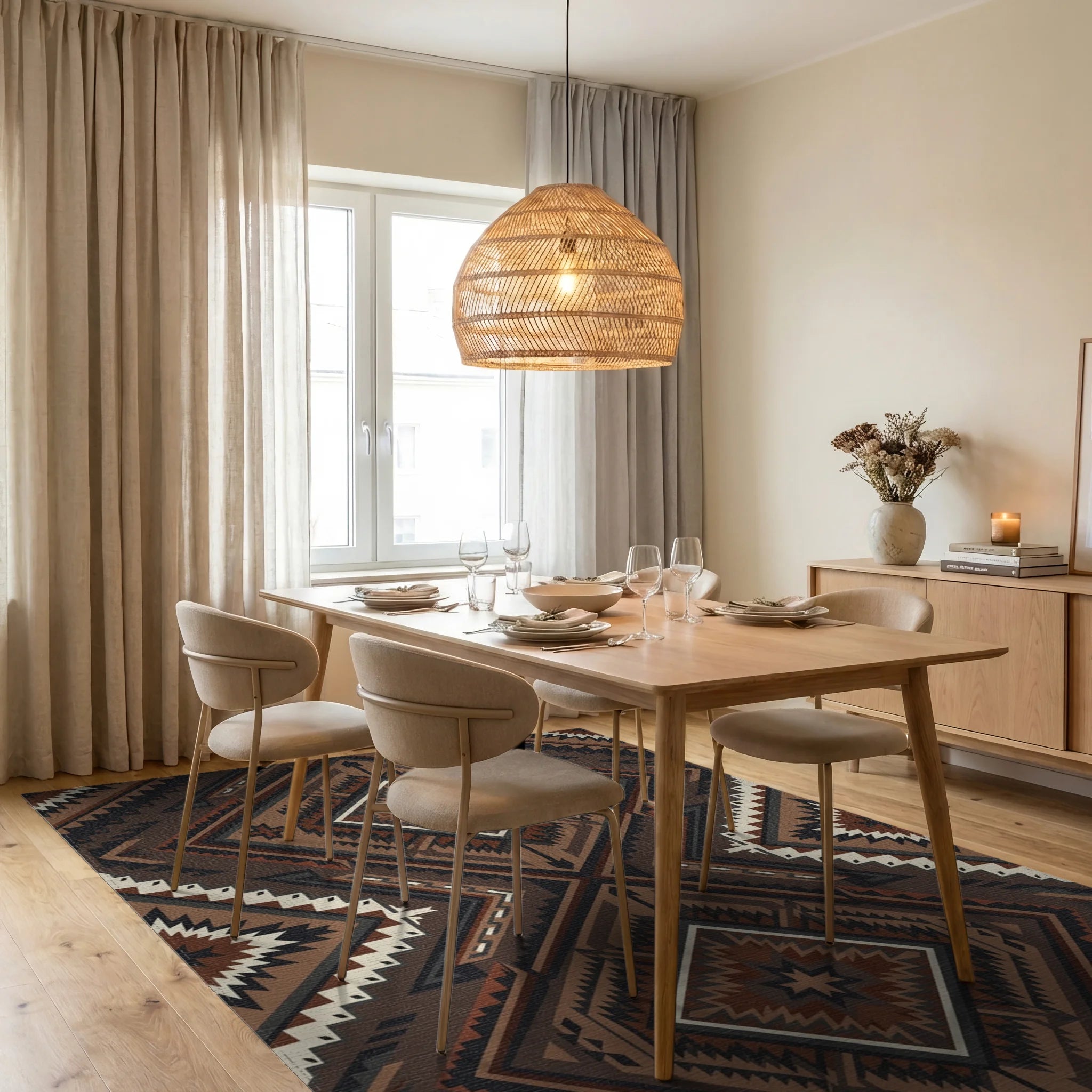 Earthy Brown Geometric Diamond Medallion Rug Dining Room View