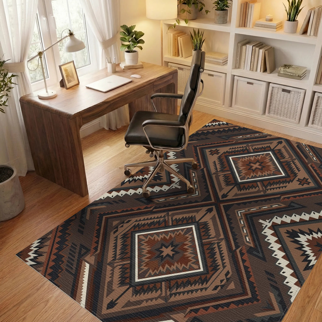 Earthy Brown Geometric Diamond Medallion Rug Office View
