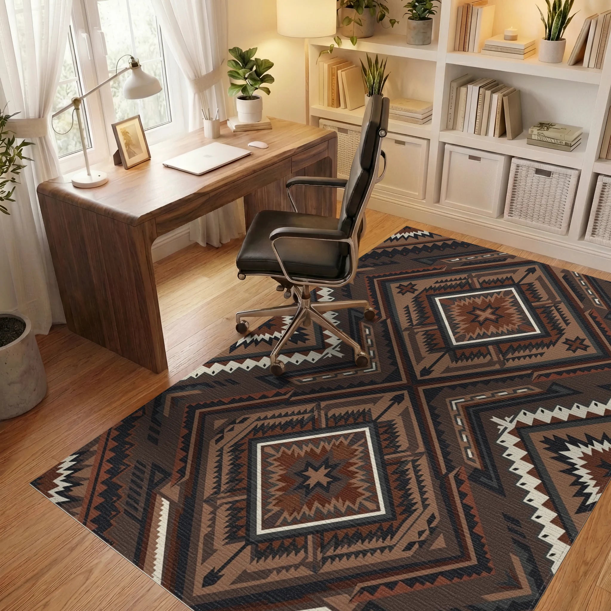 Earthy Brown Geometric Diamond Medallion Rug Office View