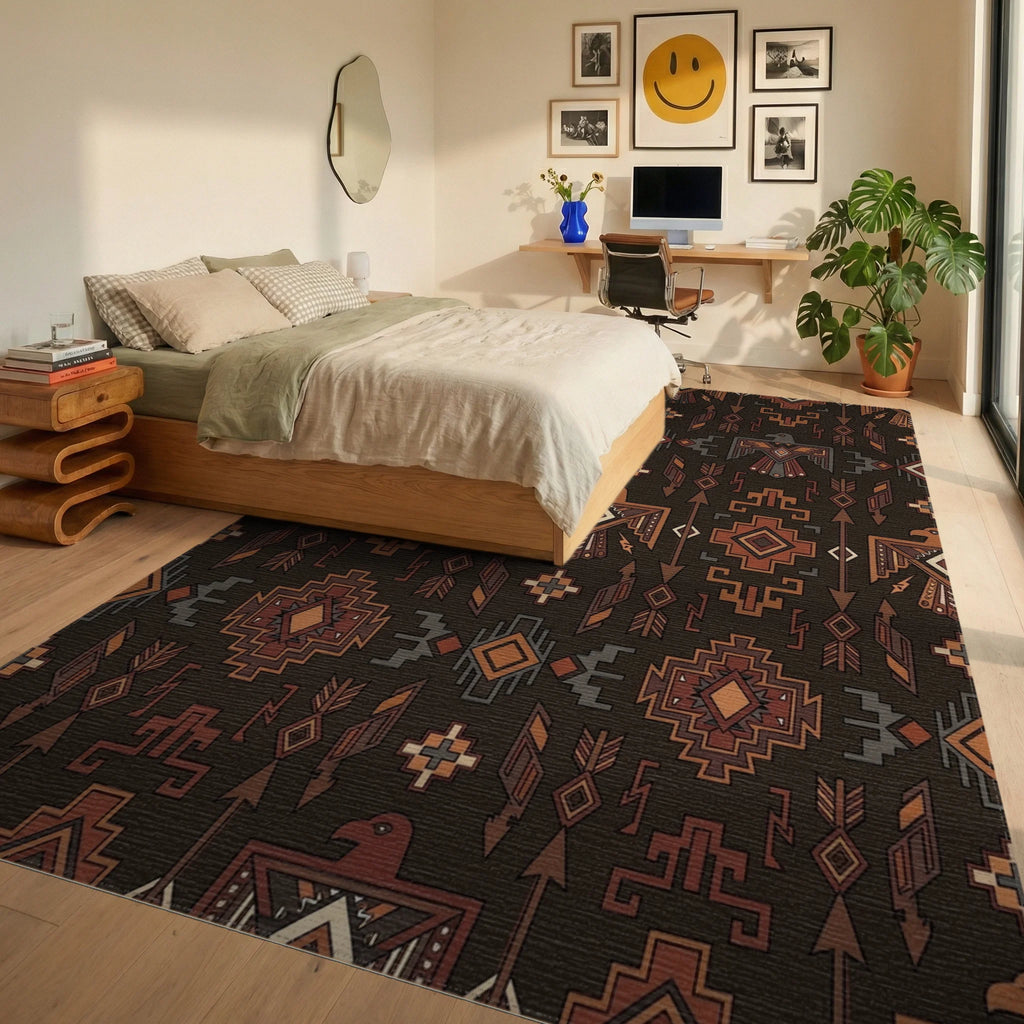 Earthy Brown Thunderbird Geometric Rug Bedroom View