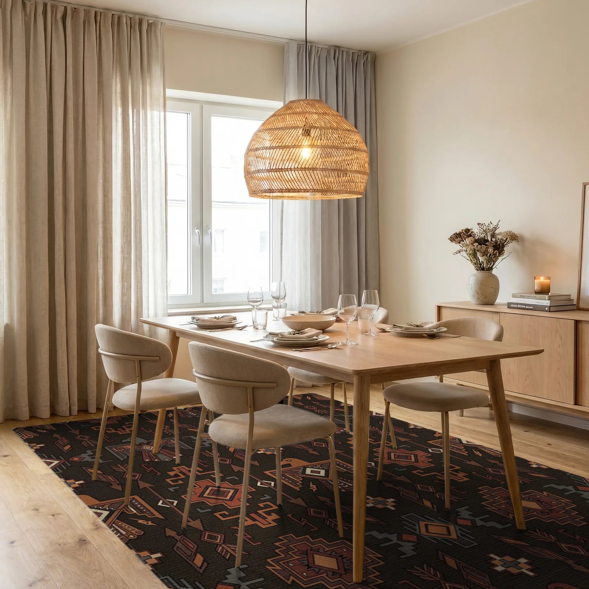 Earthy Brown Thunderbird Geometric Rug Dining Room View