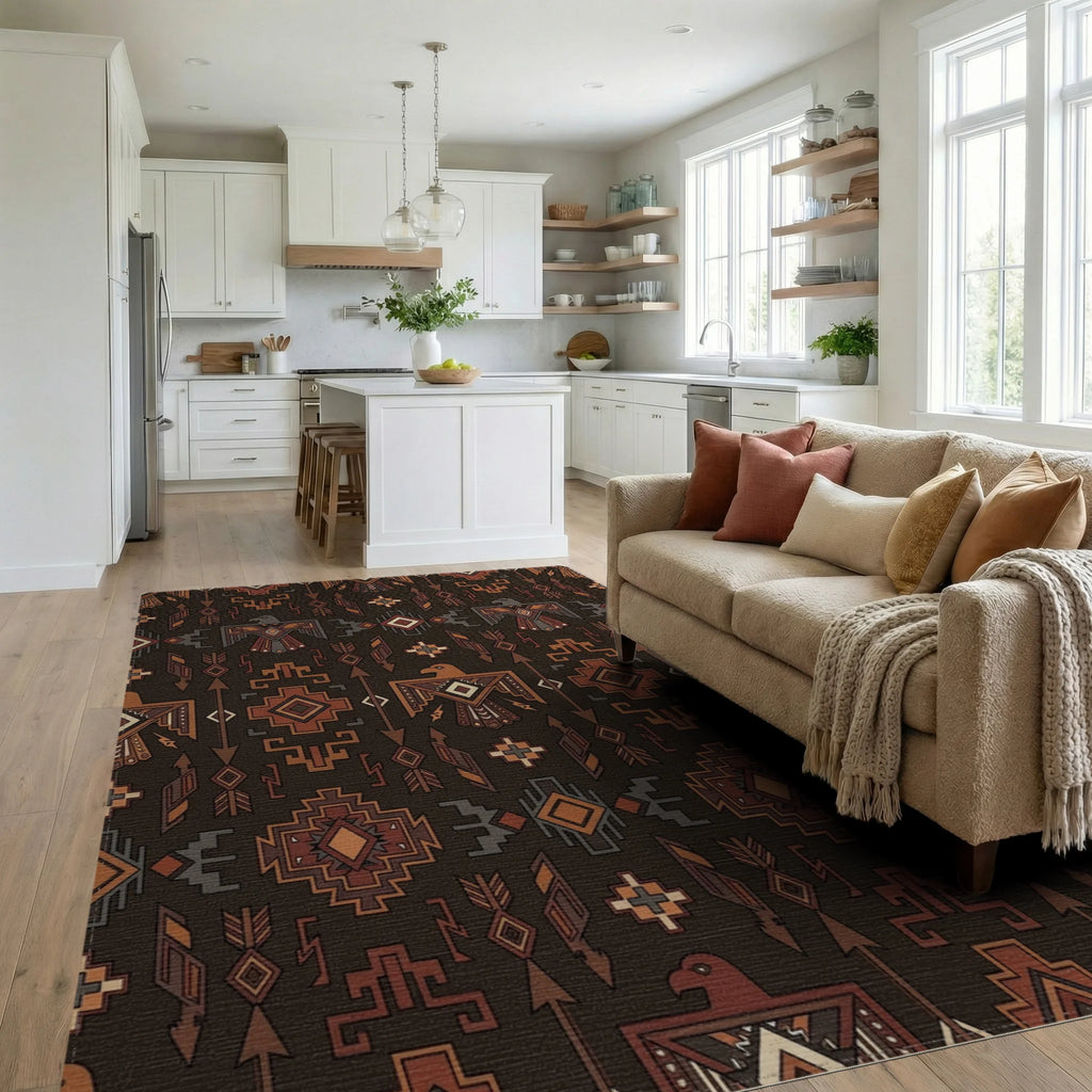Earthy Brown Thunderbird Geometric Rug Living Room View