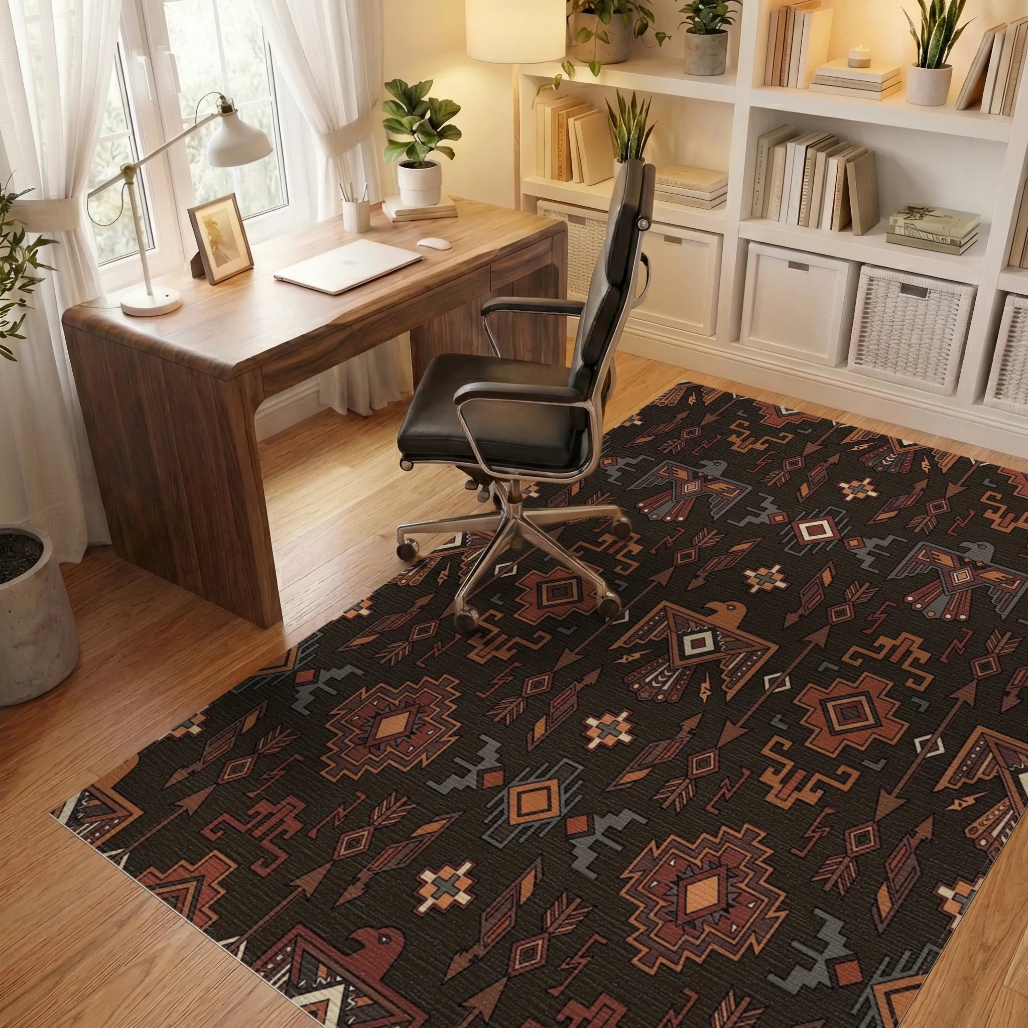 Earthy Brown Thunderbird Geometric Rug Office View