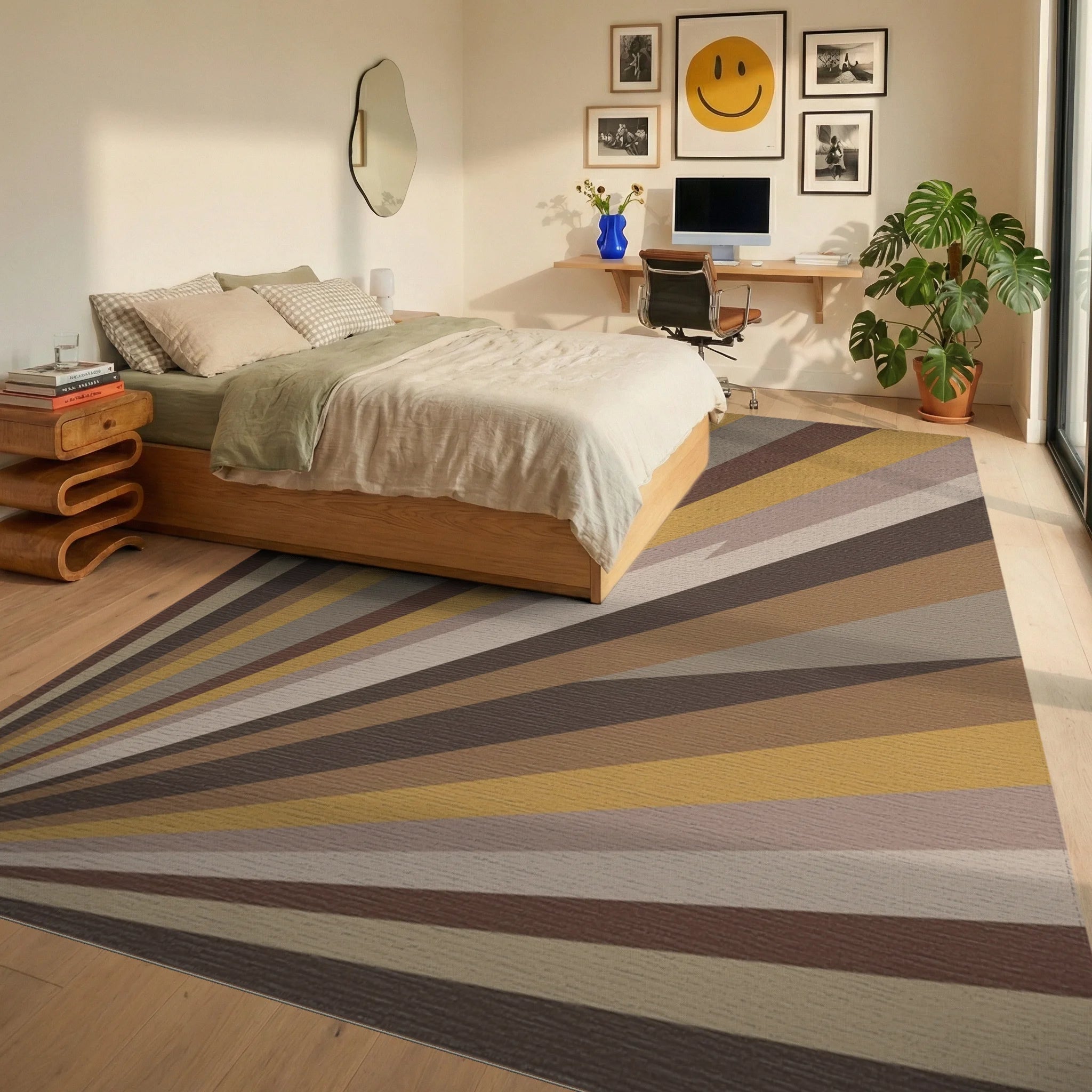 Earthy Burst Abstract Sunbeam Rug Bedroom View